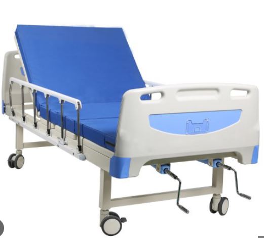 CAMA HOSPITALARIA MANUAL DE 4 PLANOS CABECEROS EN ABS, BARANDAS EN ALUMINIO,TENDIDO EN LAMIN