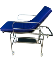 CAMILLA DE OBSERVACIÓN Y RECUPERACIÓN EN ACERO INOXIDABLE, CON LEVANTE EN EL ESPALDAR, ATRIL Y BARANDAS EN ACERO.